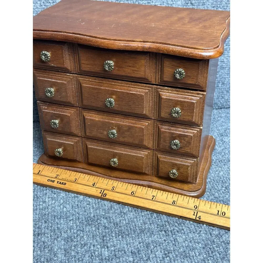 Vintage wooden jewelry box chest drawers hinged top three drawers velvet lined